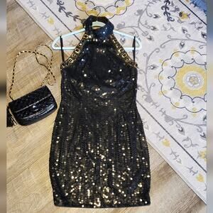 Niteline Black Gold Strapless halter Dress life of a showgirl 10